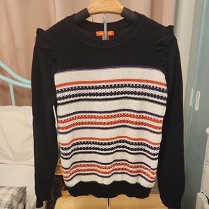Black and White Crew Neck Sweater with Striped Pattern